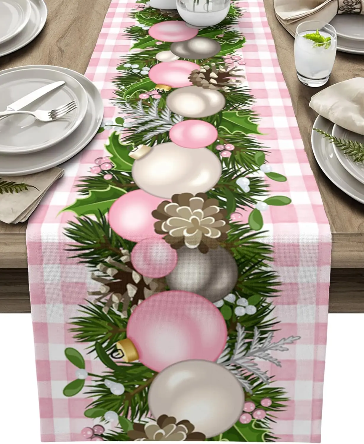 Christmas Balls Pine Needles Buffalo Pink Table Runner Party Decor Farmhouse Kitchen Dining Table Runner Christmas Decorations