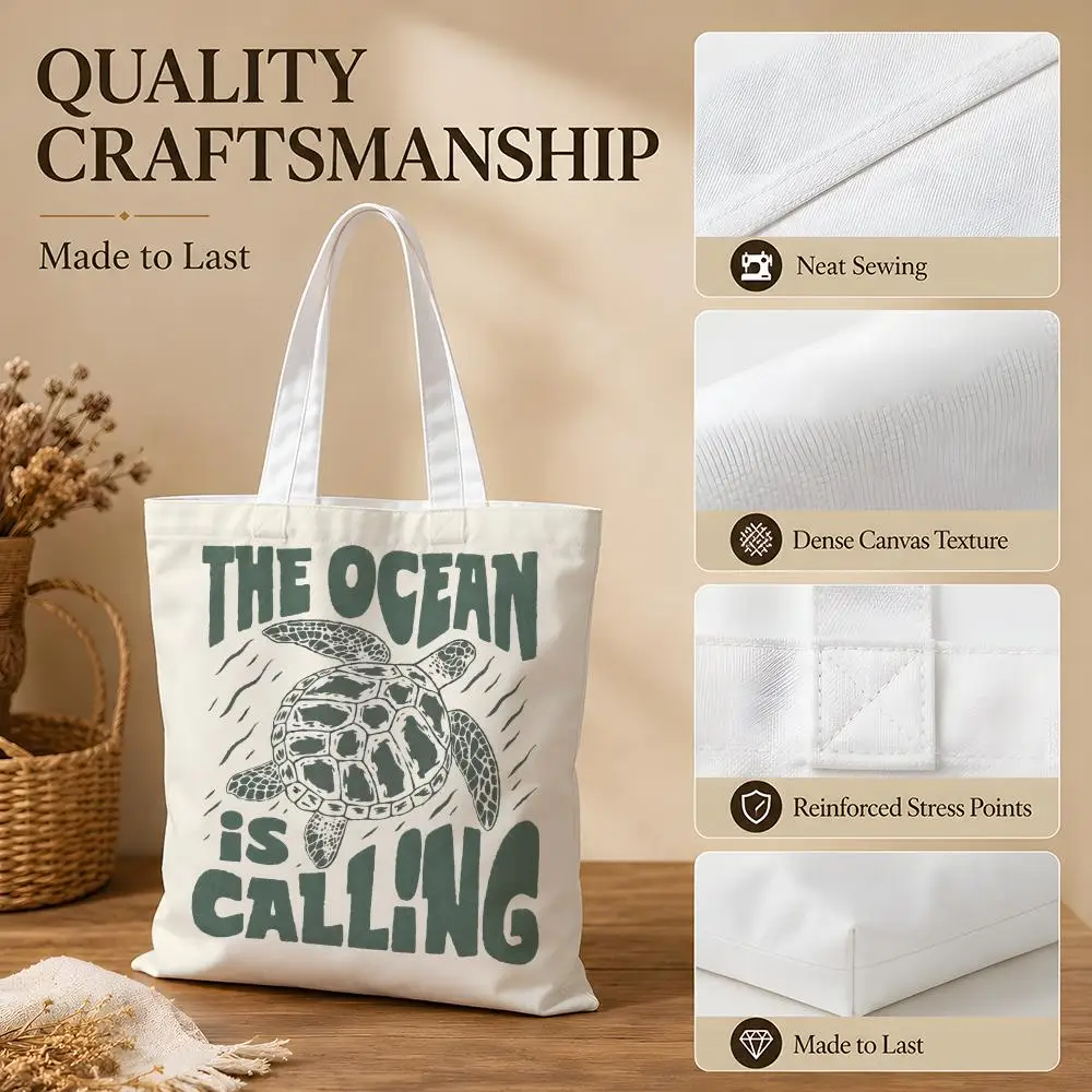 The Ocean Is Calling Storage Bags Canvas Tote Bag Women Large Capacity Reusable Shopping Shoulder Bag Daily Handbag
