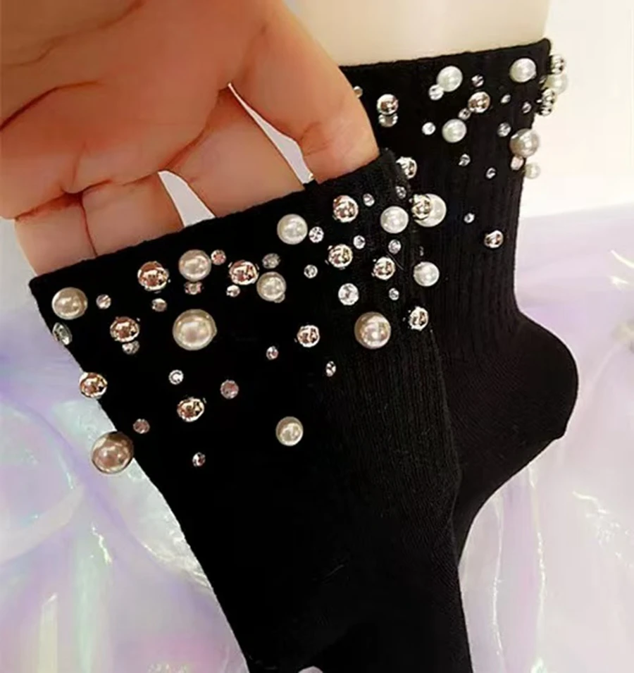 Luxury Style Pears Beaded Stitch Black Cotton Socks Women's Stylish Comfortable and Breathable Cotton Socks