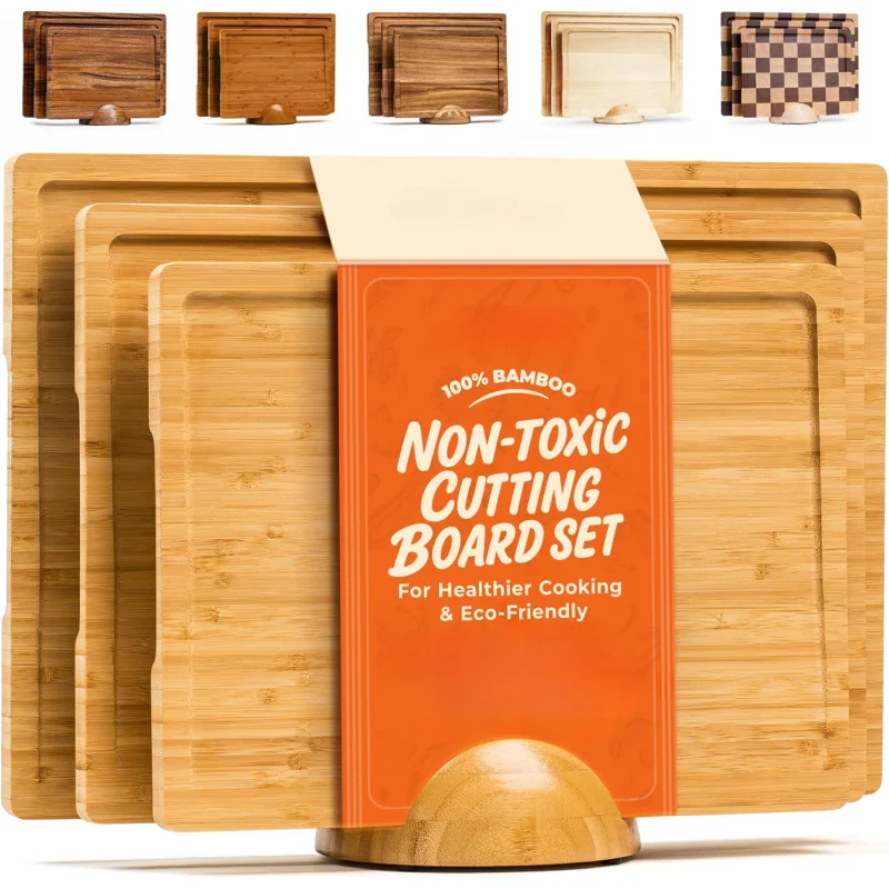 

Bamboo Wooden Cutting Board Set with Holder Kitchen Meal Prep Serving Charcuterie Board Kitchen Gadgets