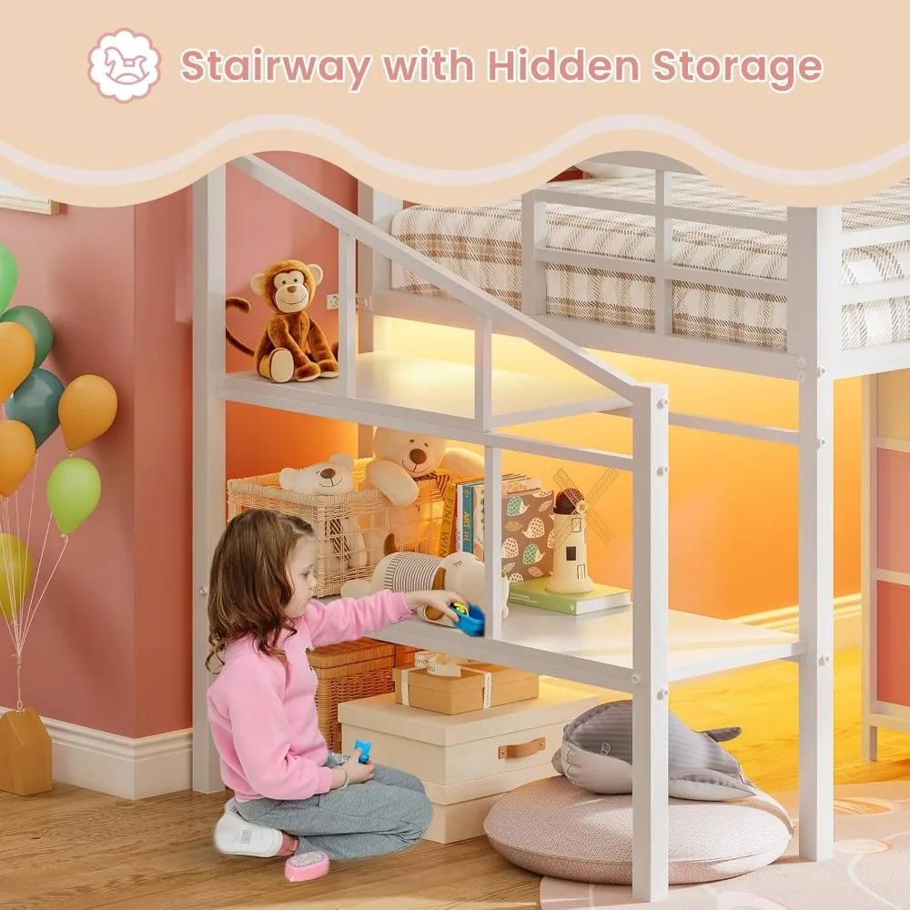 سرير علوي منخفض الحجم مزدوج مع 9 أدراج وأضواء LED وإطار معدني وتخزين الدرج