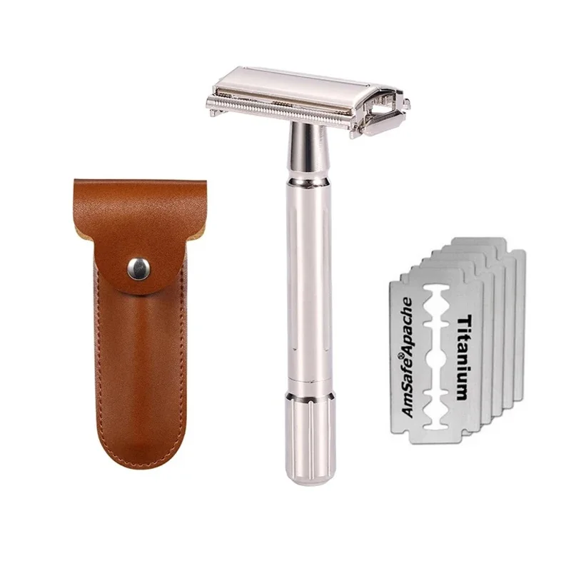 New Men's Shaver Classic Safety Razor Folding Shaving Double Edge Razor 5 PCS Titanium Coated Blades Professional Barber Tool