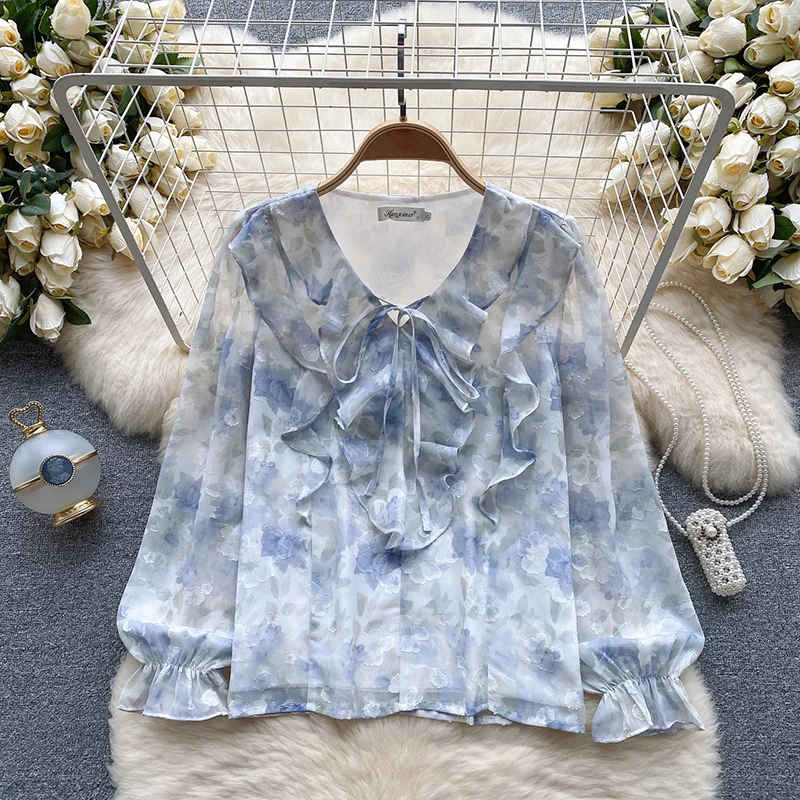 Flower Print Womens Tops And Blouses Casual Ruffles V Neck Long Petal Sleeve Chiffon Loose Female Tunic Bow Spring Pullover