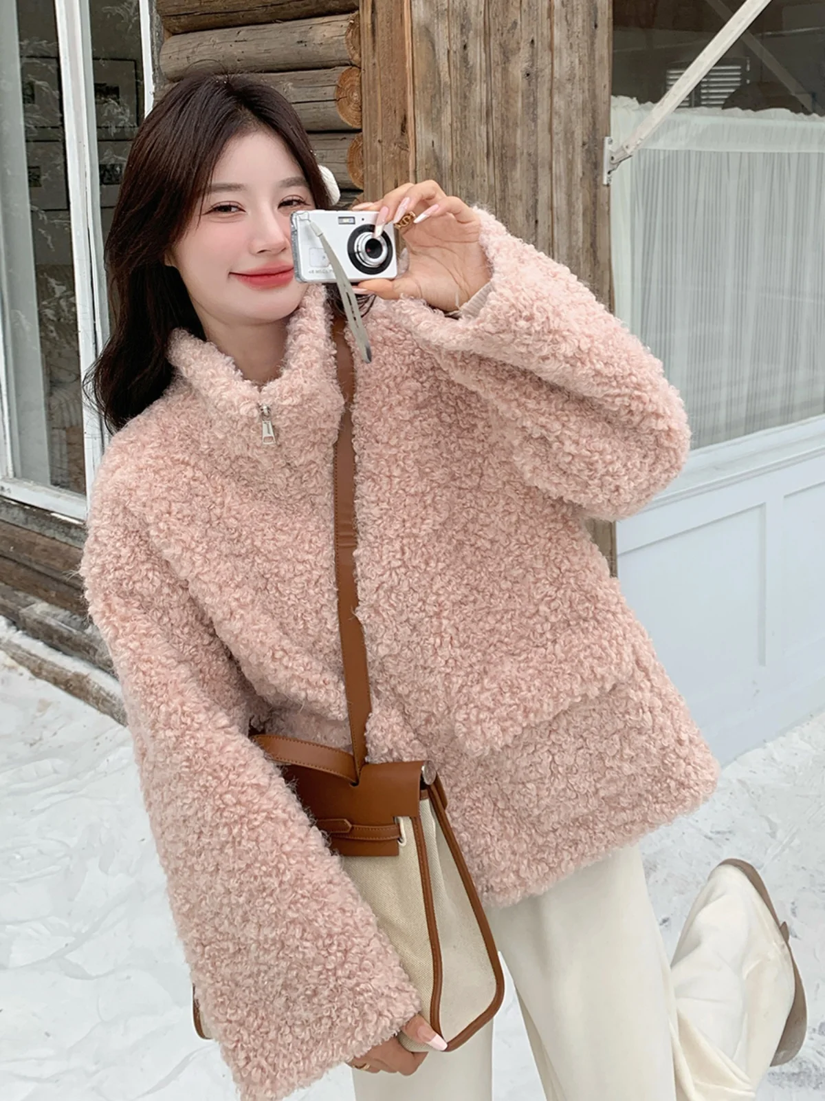 핑크 양털 자켓 여성용 테이니드 오트 코튼 코트 겨울 신상품 소형 사이즈 파티클 벨벳 가죽 및 퍼 인티메이티드