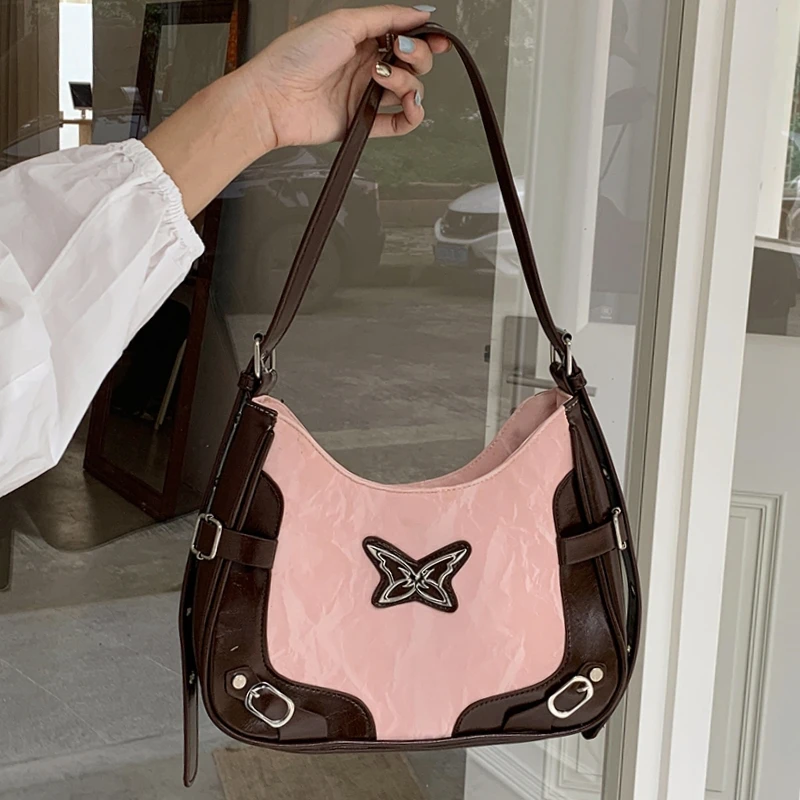 Vintage Butterfly Women's Shoulder Bags Rivet Locomotive Cool Girls Underarm Bag Contrast Color Female Crossbody Bag Handbags