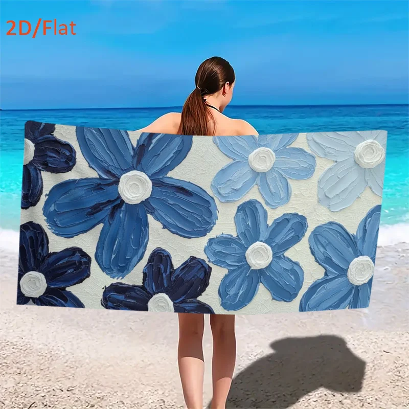 Blue Floral Beach Towel, Oil Painting Flower Print Bath Towel, Aesthetic Summer Essential for Beach & Pool 1pcs