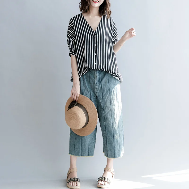 Loose Striped Women Shirts Summer Vintage Casual All Match Female Pulls Outwear Tops