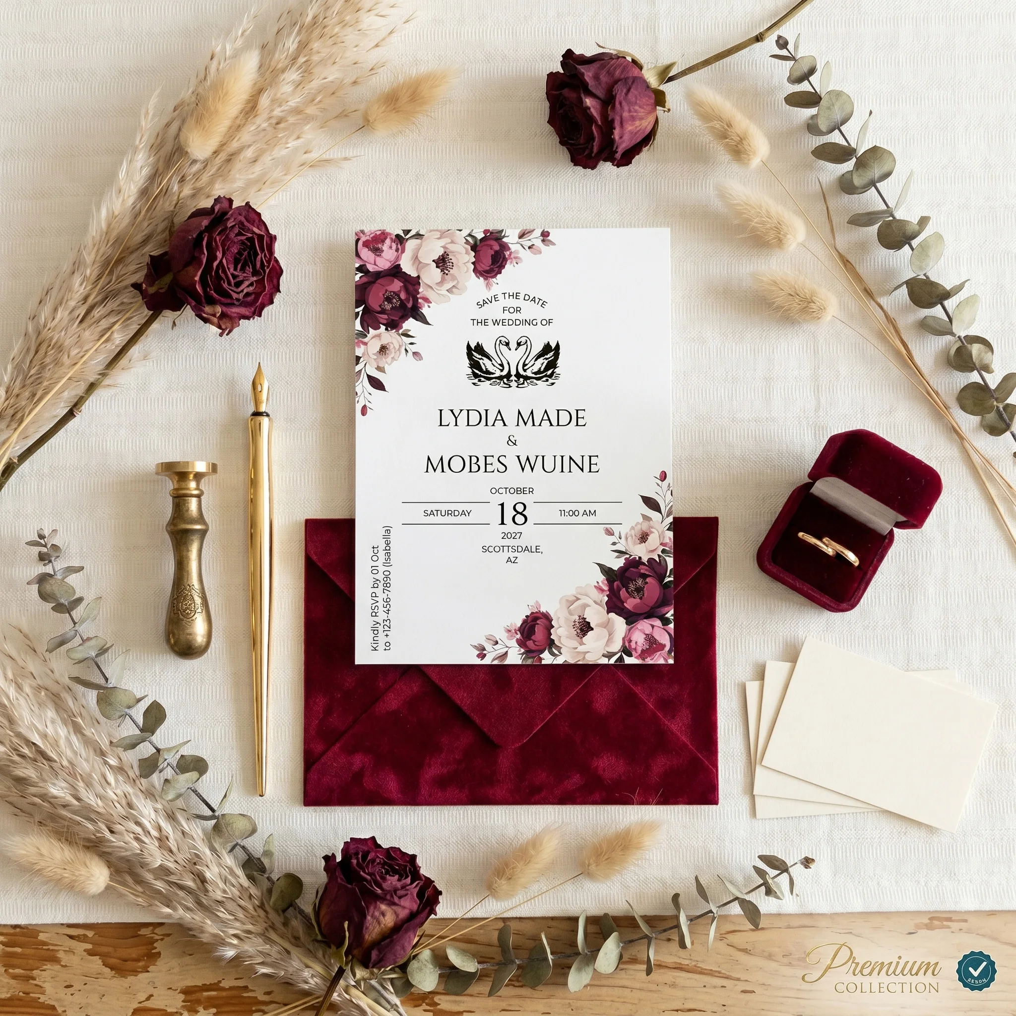 

High - end Luxury Personalized Wedding Invites with Burgundy Velvet Envelope Wax Seal - Custom Name & Date for Save The Date
