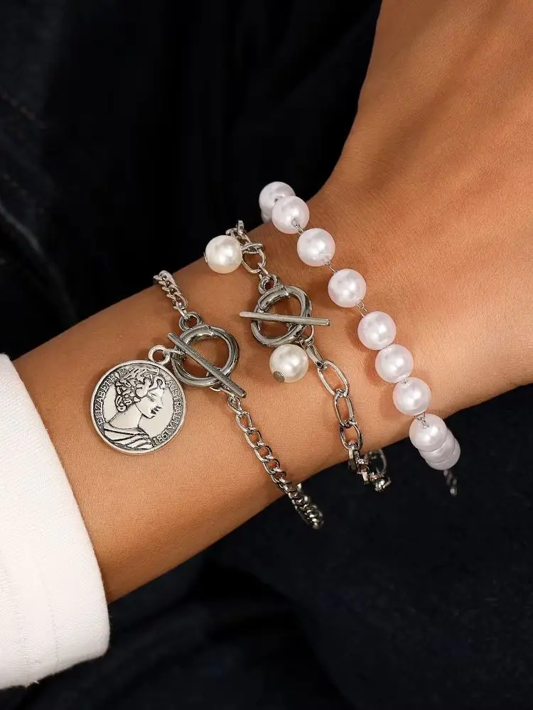 Aihua 3-teiliges Set Modische Perlen-Elizabeth-Münzarmbänder & Armreifen Trendige Farbige Ketten-OT-Gliederarmbänder Damen-Schmuck Geschenke – Detail 1