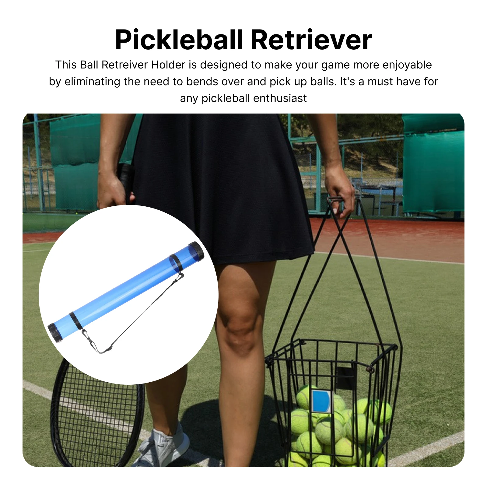 Pickleball Tennis Pickup Tube Ball Retriever Picker Gym Pick up Tool Grabber w/ Shoulder Strap for Outdoor Sports Ball Training