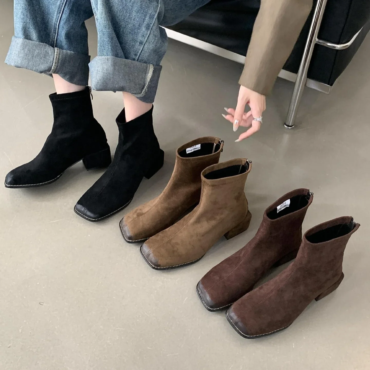 

Женские ботинки средней длины с квадратным носком, замшевые короткие эластичные ботинки на толстом каблуке, уличные рыцарские ботинки, удобная женская обувь
