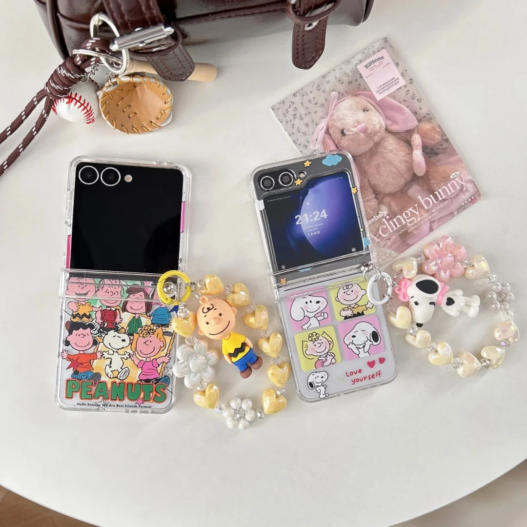 

3D Cute Snoopys Peanuts Anime Transparent Phone Case for Samsung Galaxy Z Flip 3 4 5 6 Z Flip6 ZFlip 7 Zflip6 Zflip5 Cover