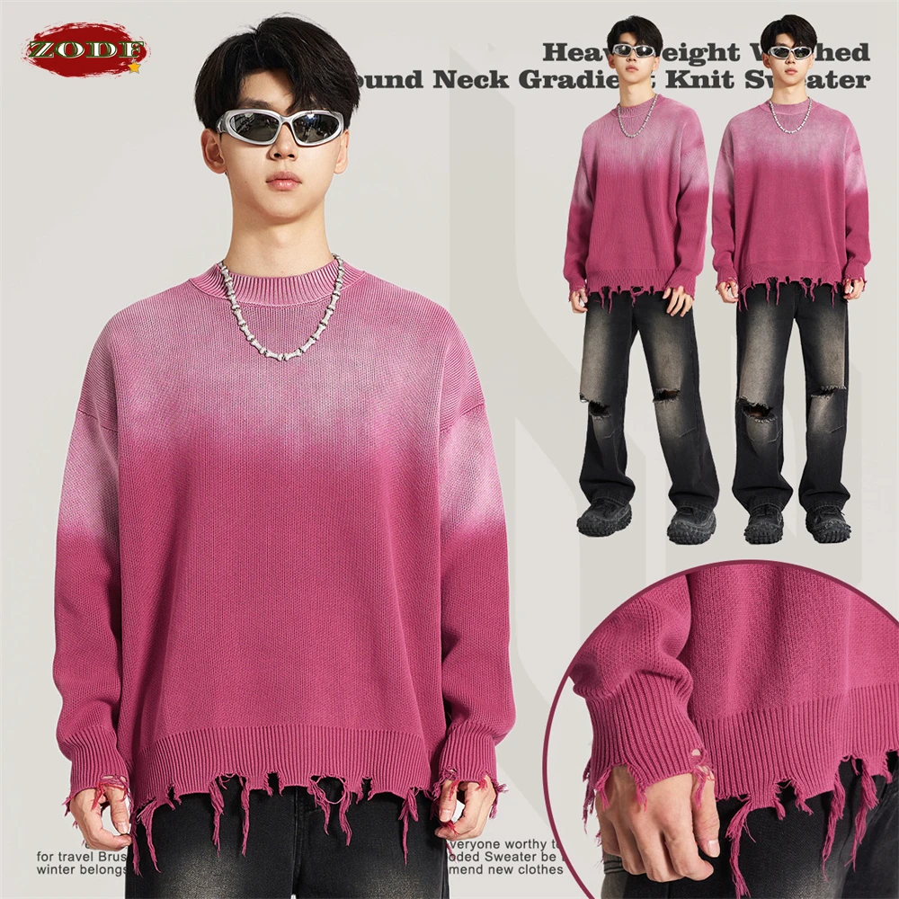 ZODF 2023 Autumn Winter Men Washed Round Neck Gradient Sweater Retro Couple Unisex Loose Knitted Pullovers Streetwears HY0720