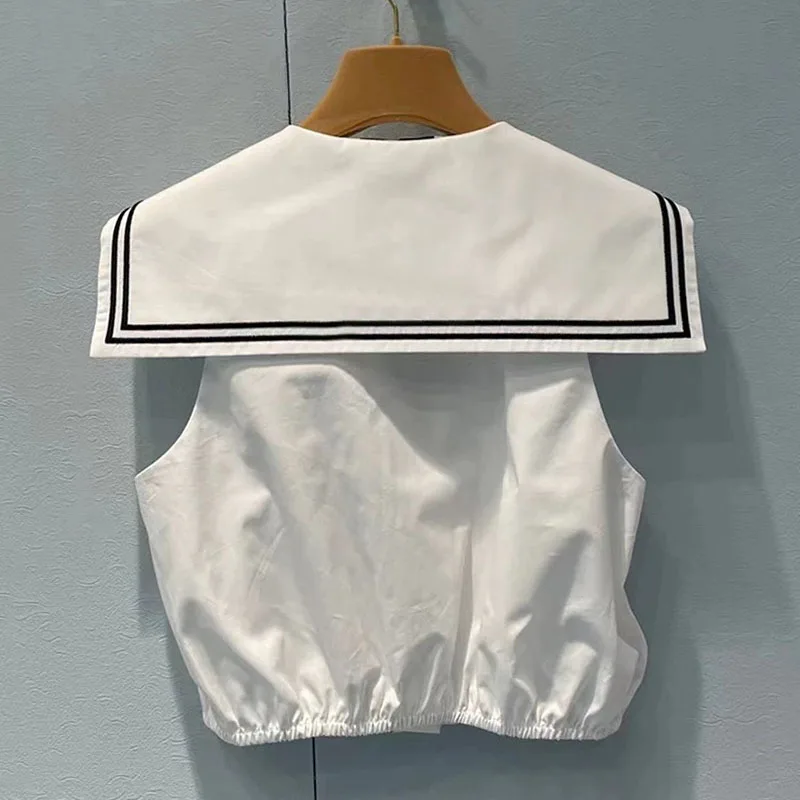

Princ eenn Sweet Sle ort Sve Embroidered Letter Navy Collar Women's irt Size Vest Top Summer 2025
