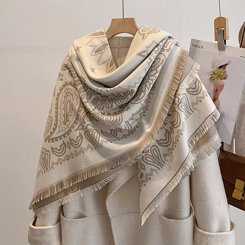 وشاح كشمير نسائي ذو علامة تجارية فاخرة لعام 2025 - شال الباشمينا شتوي دافئ مخطط ومطبوع، فولارد ومعطف #4