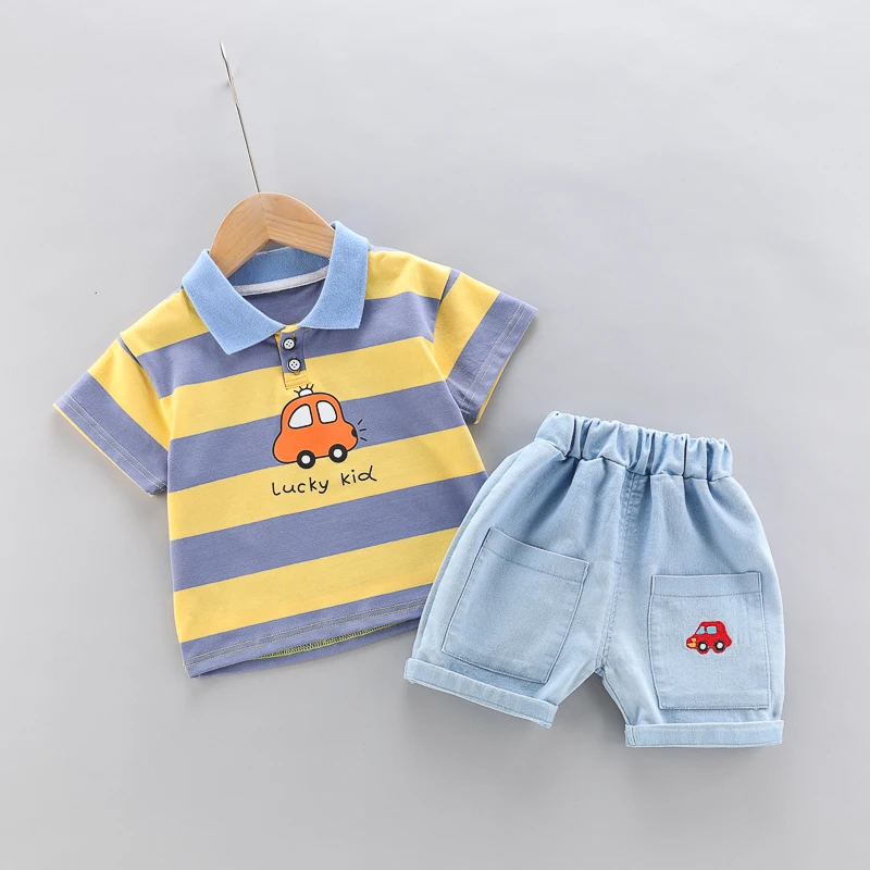 High-Quality Baby boys Polo Shirt + Handsome Denim Shorts 2-Piece Set kids girls clothes suits summer