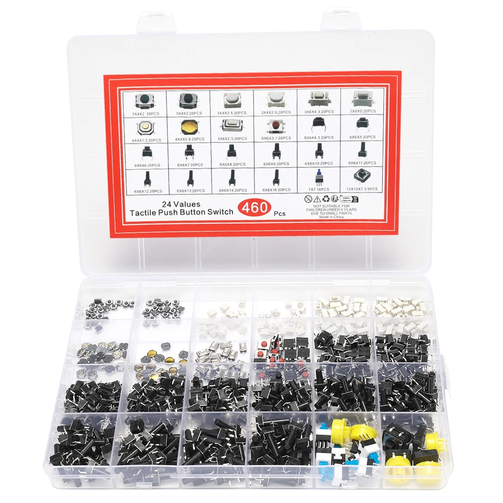Tactile Push Button Switches - Mixed Box (460 Pcs, 24 Specifications) - 2-Pin/4-Pin for Car Remotes, Small Home Appliances
