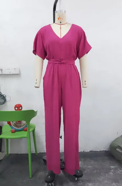 Jumpsuit for Women 2024 Spring Summer Casual Simple Solid Color Half Sleeve Tied Detail Backless Deep V-Neck Daily Jumpsuit