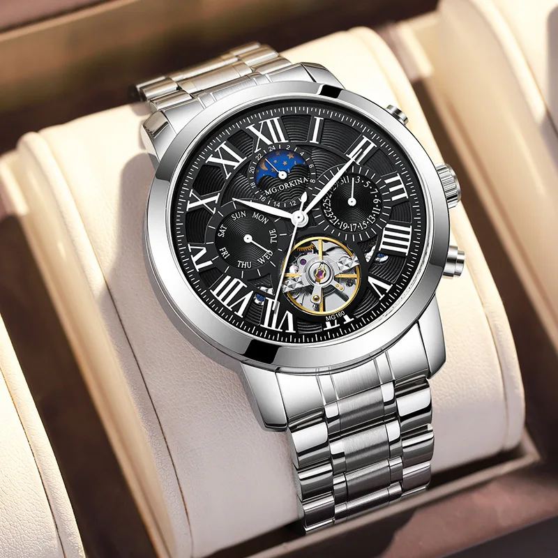 Top Brand Men's Tourbillon Watches Luxury Automatic Moon Phase Mechanical Watch for Men Stainless Steel Fashion Wristwatch Male