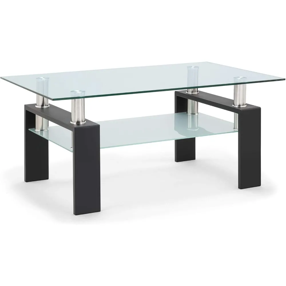 

Tempered Glass Coffee Table for Living Room with 2 Tiers Size 39.4 x 23.7 (W x D) Black