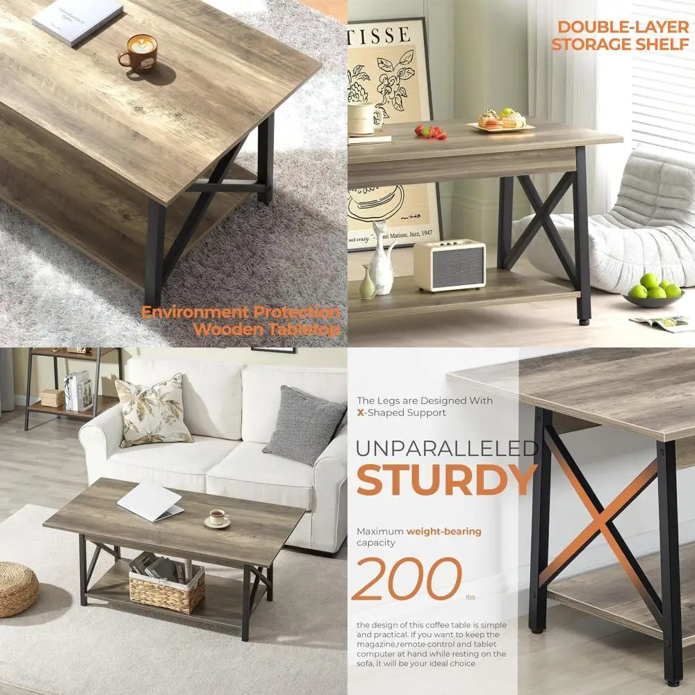 

Modern 39 2-Tier Farmhouse Coffee Table with Storage, Grey Wash Finish, Space-Saving for Living Room