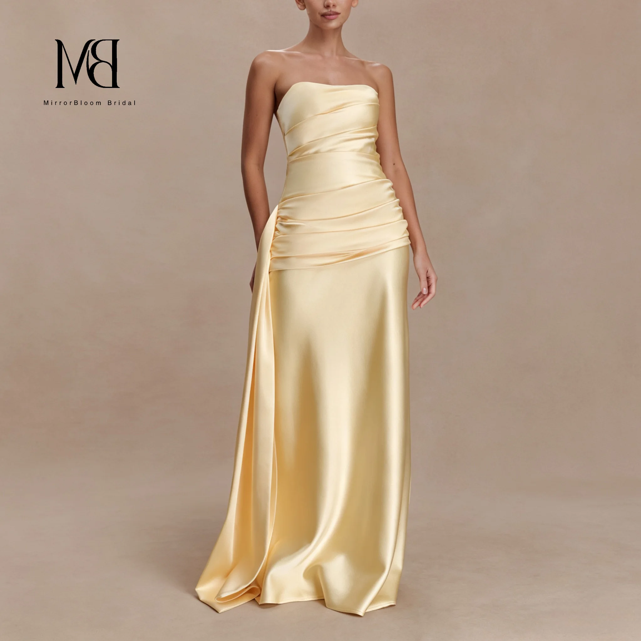 Yellow off-the-shoulder sleeveless fish-tail floor-length formal evening dress with flowing pleats revealing the back