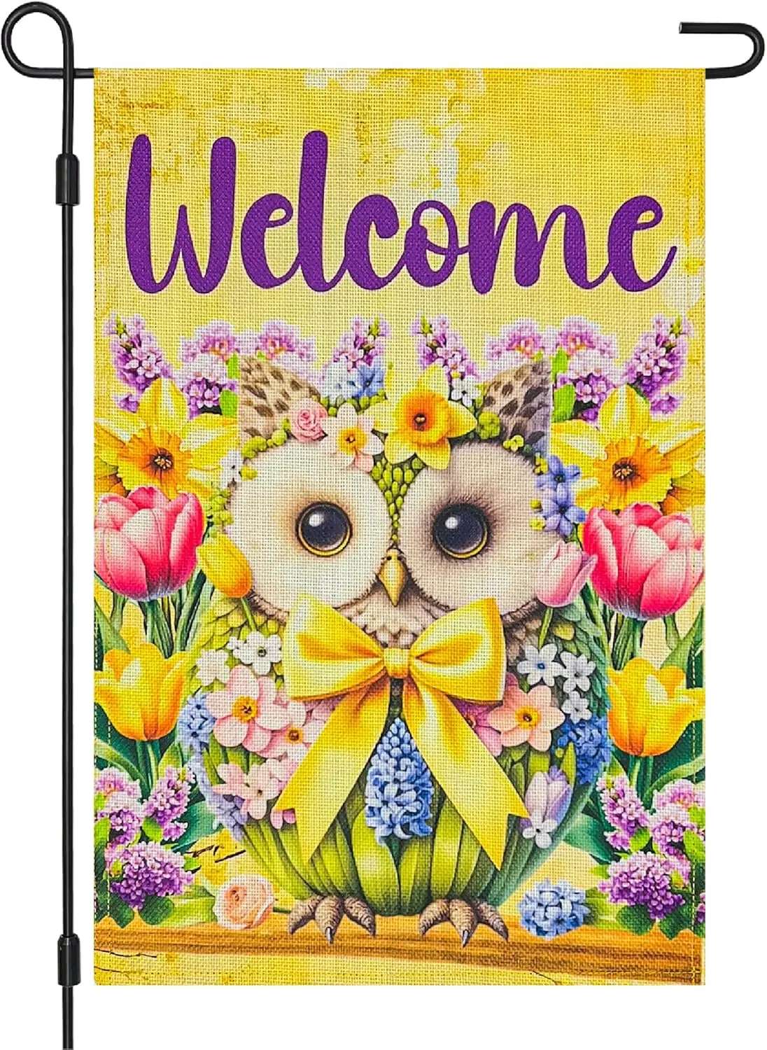 Welcome Spring Summer Owl Bird Floral Garden Flag 12x18 Inch Double Sided, Burlap Small Vertical Tulip Flowers Yard Flags Ou EEZ