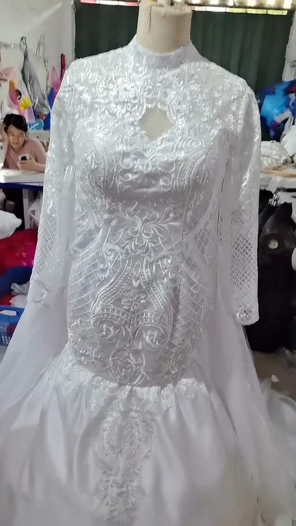 Customized Mermaid Long Sleeve Lace-up High Collar Empire Amazing Lace Real Photo Weddings Dresses