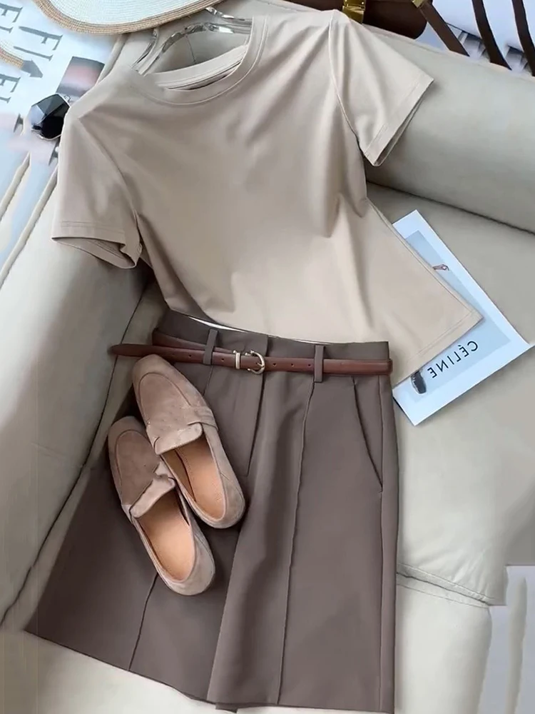 

High Quality Two Piece Pant Set For Women Summer Short Sleeve Basic T Shirts + High Waist Short Sets Fashion 2 Piece Suits