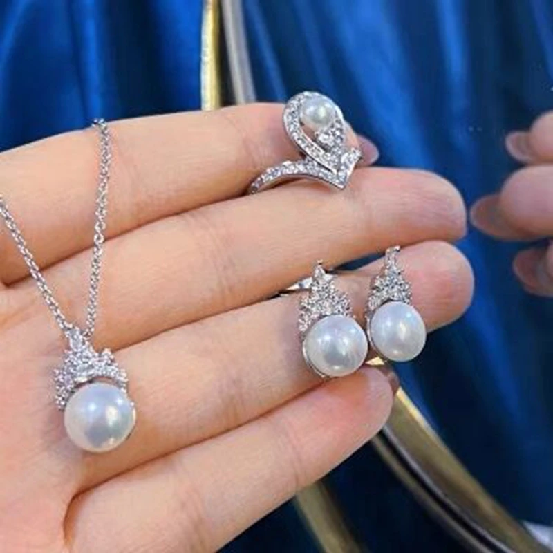 Ice and Snow Queen Set Gift Natural Freshwater Pearl Ring Pendant Necklace Earrings S925 Sterling Silver Earsticks Anti Allergy