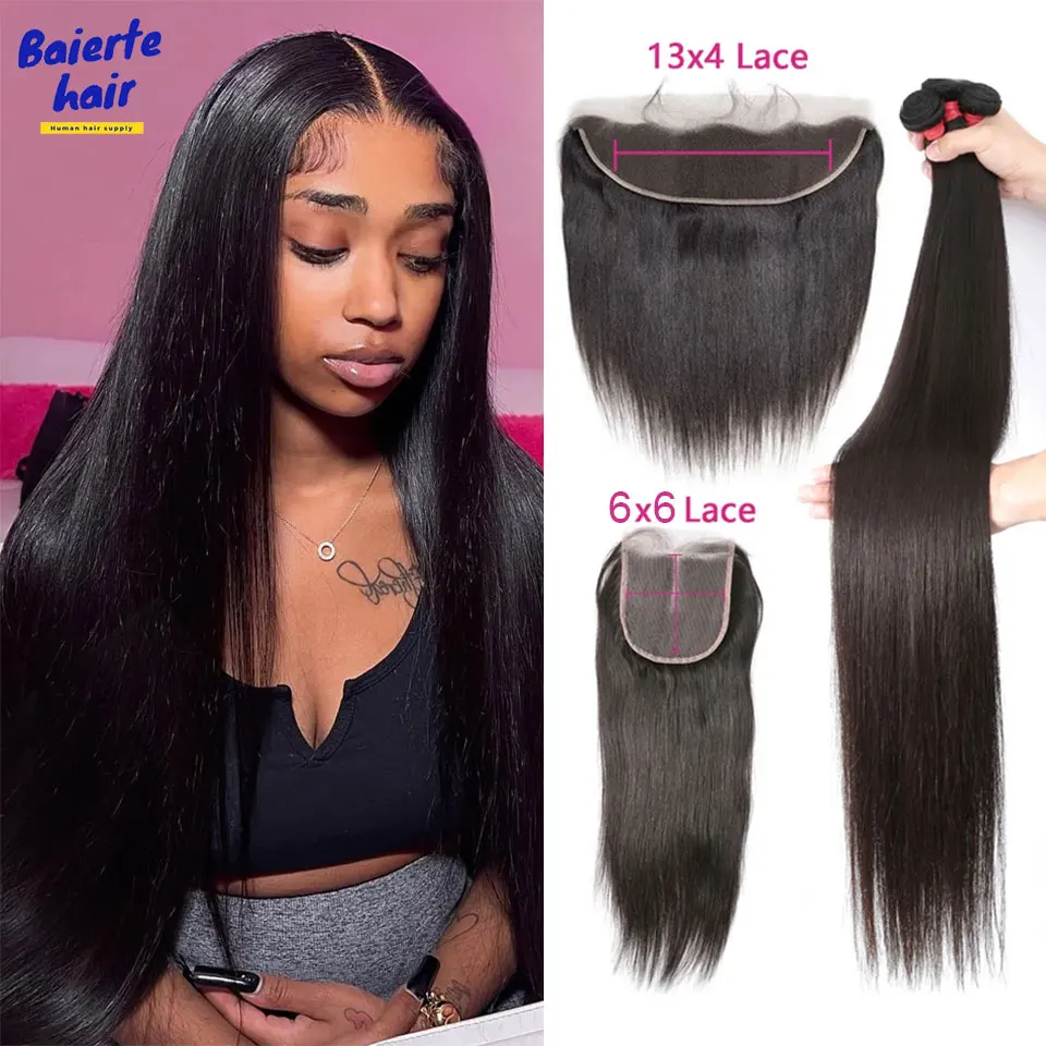 3/4 Remy Straight Human Hair Bundles With 6x6 Lace Closure Brazilian Transparent Pre Plucked 13x4 Lace Front Closure and Bundles