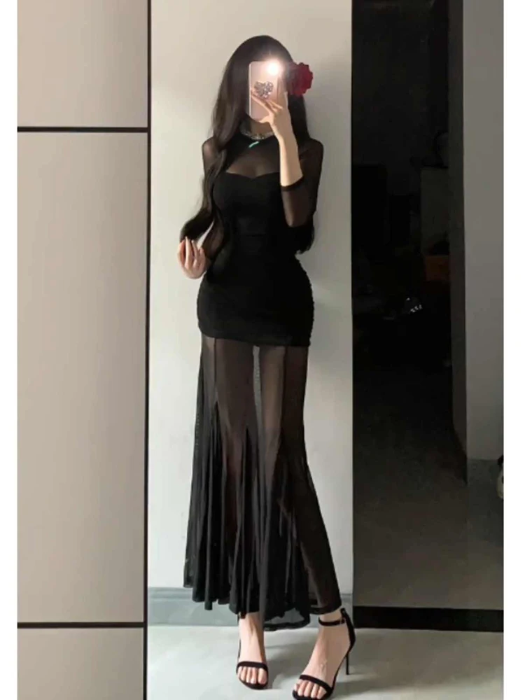 فستان أسود أنيق بتصميم شبكي للنساء، تنورة طويلة بتصميم ذيل السمكة، مخصر ومشدود للجسم، مناسب للخريف، على الطراز الكوري، مثالي ...