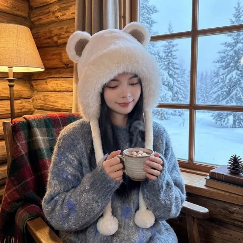 1-4PCS Winter Hat Bear Ears Plush Warm Thick Beanie for Women Girls Couples Outdoor Commuting Christmas Holiday Gift Cold Weath
