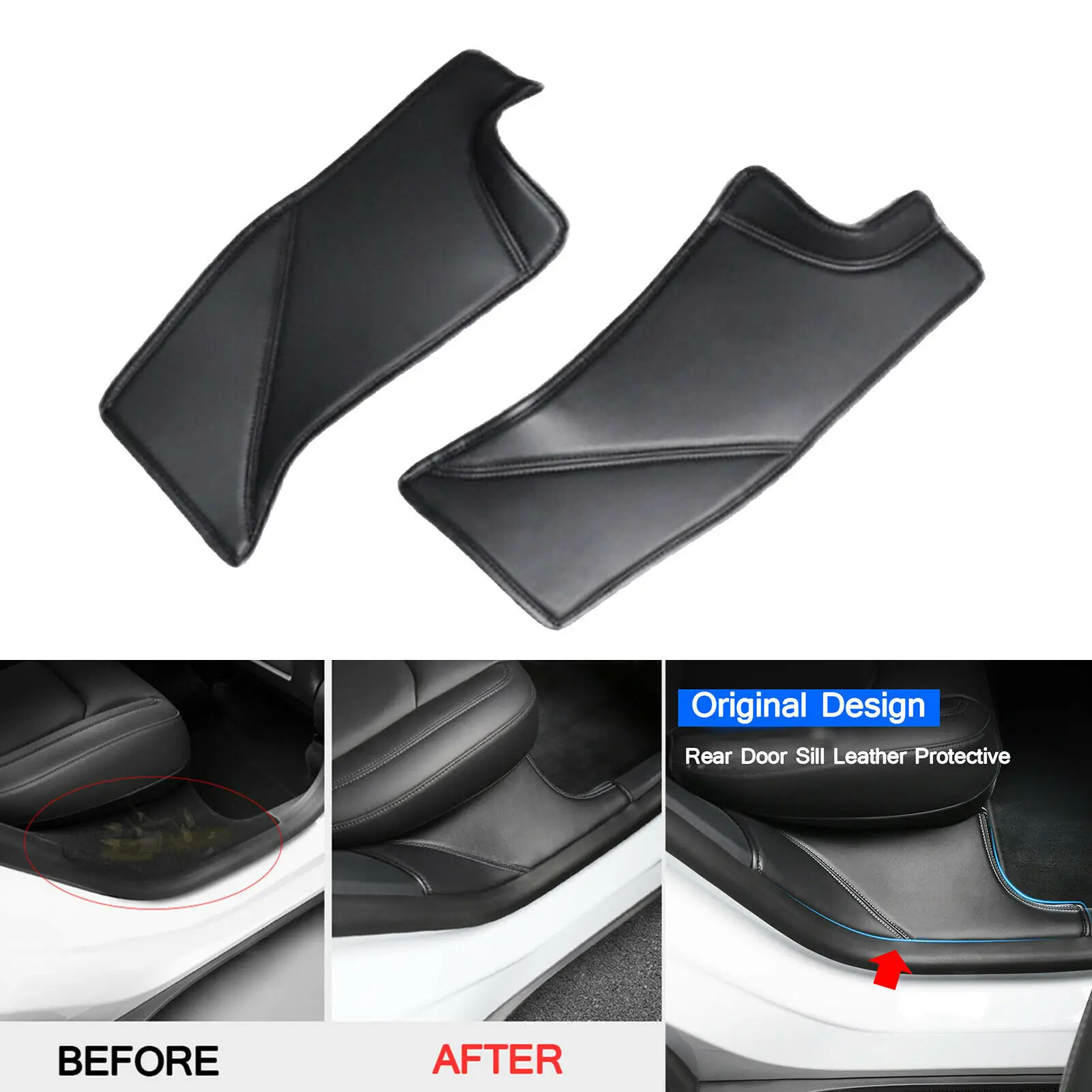 2Pcs for Tesla Model Y High Quality Leather Rear Door Sill Protector Sticker Anti Kick Pad Trim Rear Door Sill Protective Cover