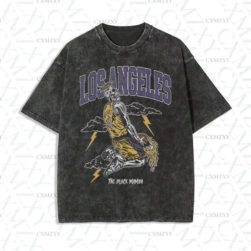 

American basketball skull print top T-shirt washed and old cotton short-sleeved men's t-shirt