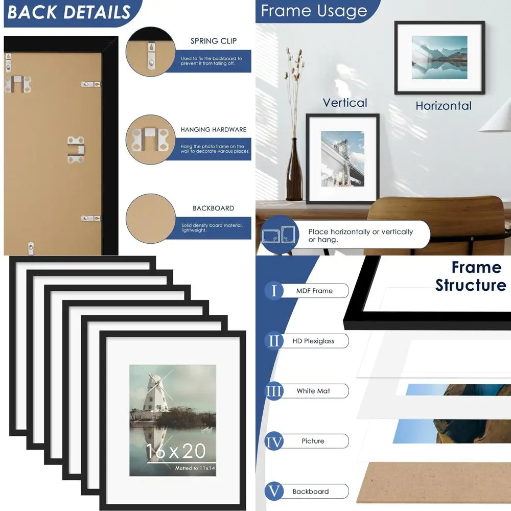 

Set of 6 Black Picture Frames for 11x14 Photos with Mats or 16x20 Without Mats, Wall Mountable for Collage Art Decor