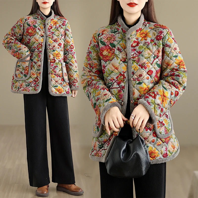 Loose Fleece Lined Stand Collar Print Shirt Button up Chinese Style Women's Cotton Jacket Outerwear for Autumn Winter