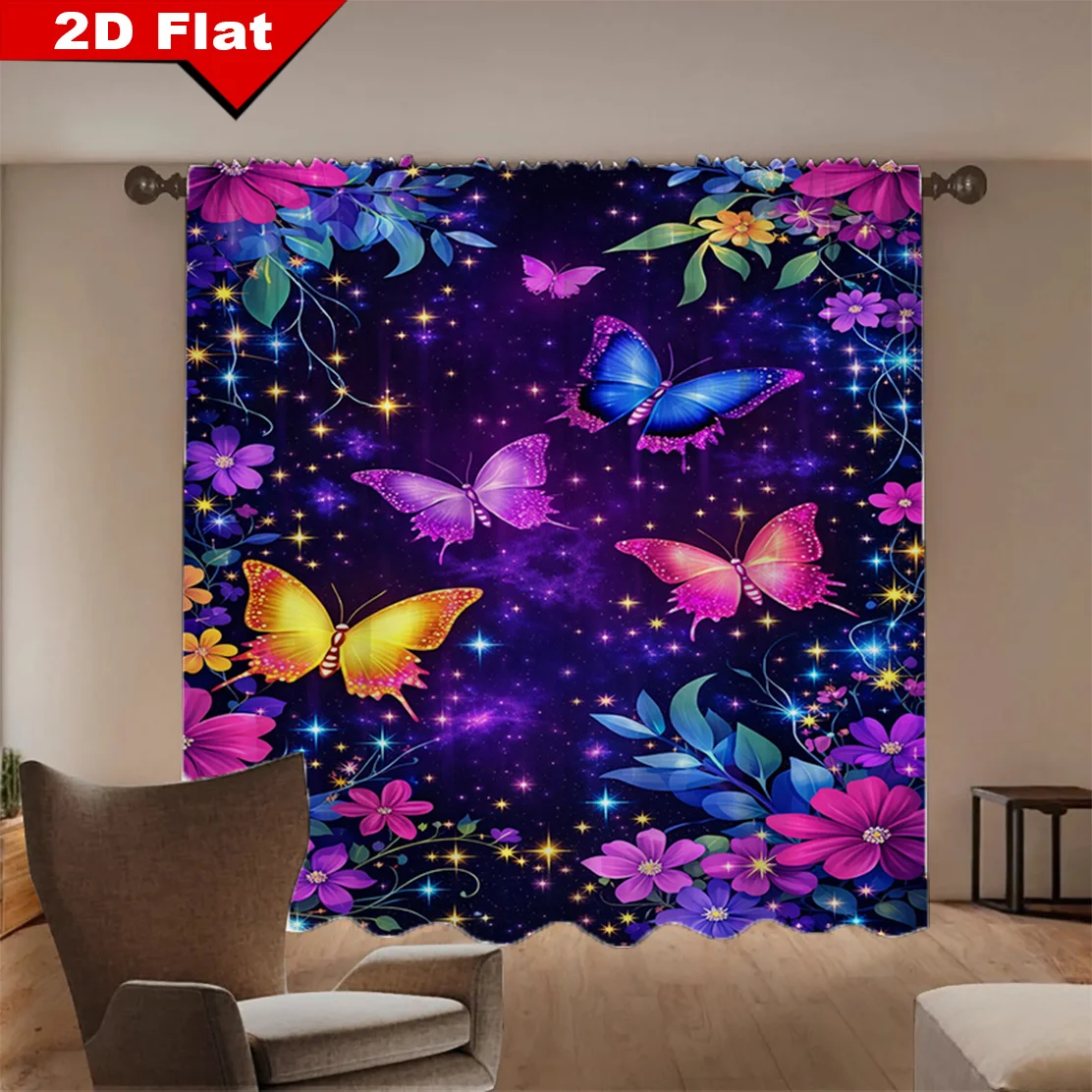 Galaxy Butterfly Curtain Panels, Vivid Flower Leaf Shining Star Purple Space Print Drapes for Apartment Warm Cozy Kids Living