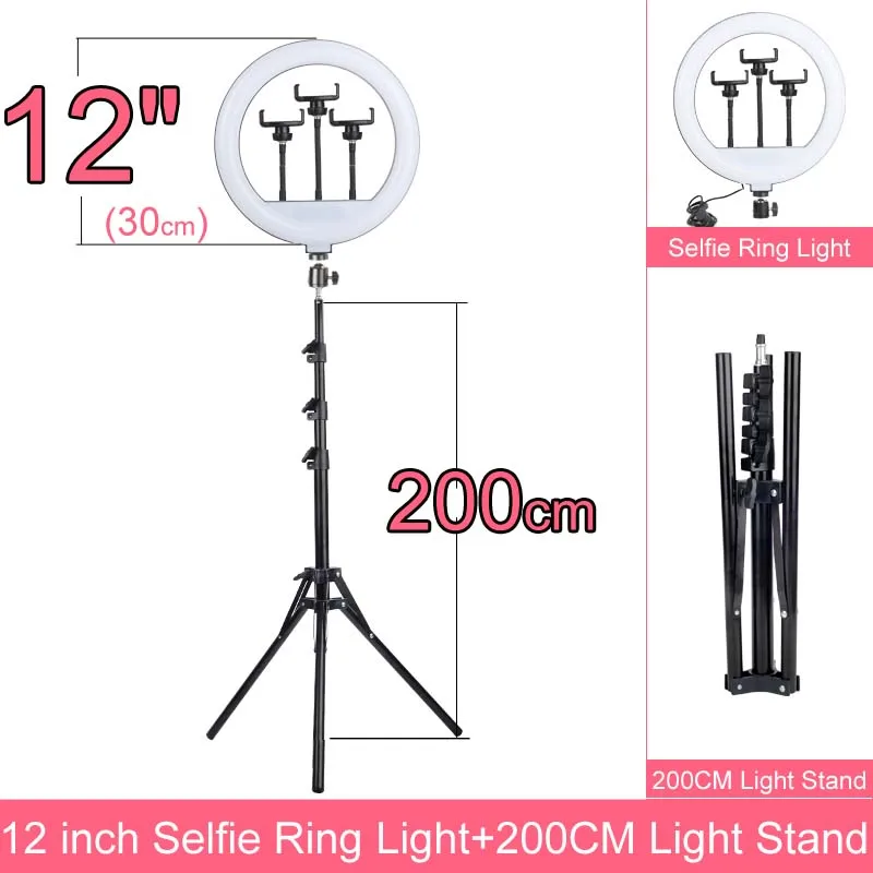 

12 Inch Dimmable LED Selfie Ring Light Lamp Photography Ringlight 200cm tripod Phone Studio 30.5cm 3 Holder Live YOUTOBE