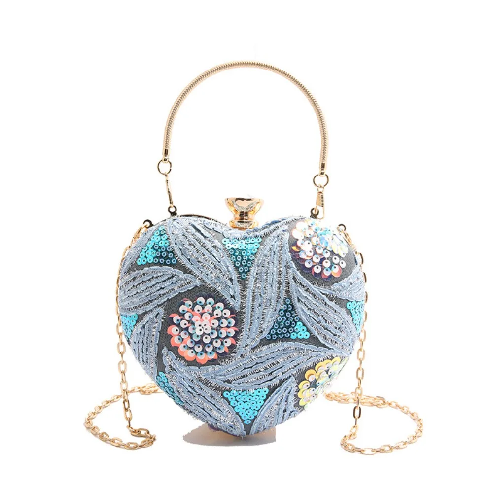 Glitter Sequin Evening Banquet Bag Elegant Large Capacity Heart Shape Handbag Embroidery Sweet Ladies Clutch Bag Girls
