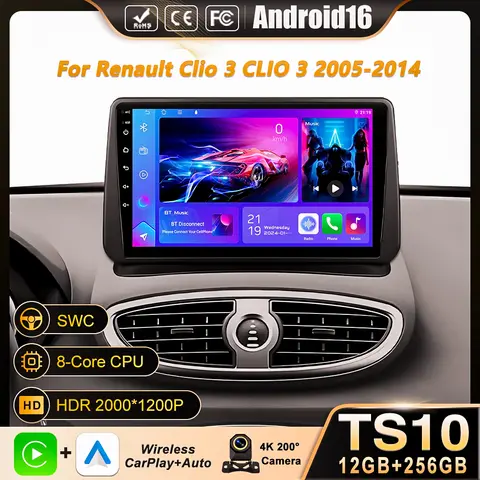 Android 16 QLED For Renault Clio 3 CLIO 3 2005-2014 WIFI+4G Car Radio Navigation GPS Auto Carplay Stereo Video Player 360 Camera