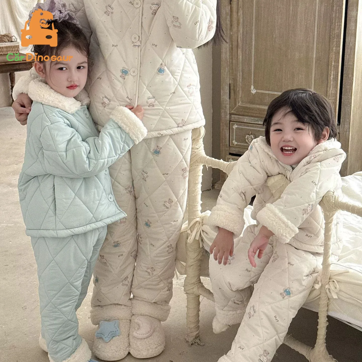 2-12 Years Girl Boy Brother Sister M-3XL Mom Family Matching Outfits Thinken Coat Pants 2025 Winter Plus Velvet Kids Pyjamas Set