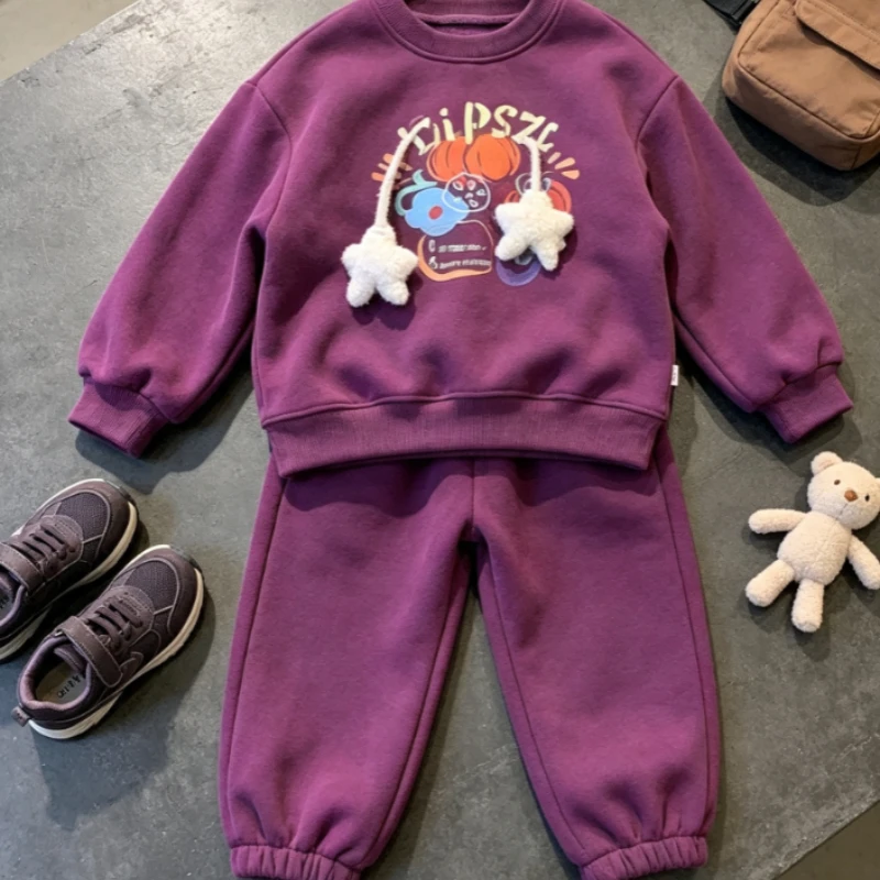 Girls Purple 2026 Autumn New Trendy Fleece Warm Two Piece Set Breathable Soft Casual for Kids Daily Wear