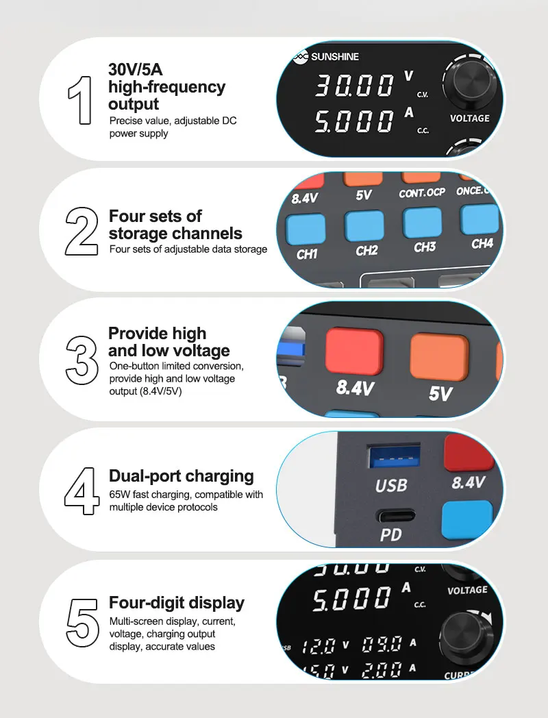 SUNSHINE P2 PRO Intelligent Regulated DC Power Supply 30V 5A Voltage Regulator 65W Fast Charge Type-C 40W Fast Charge USB Port