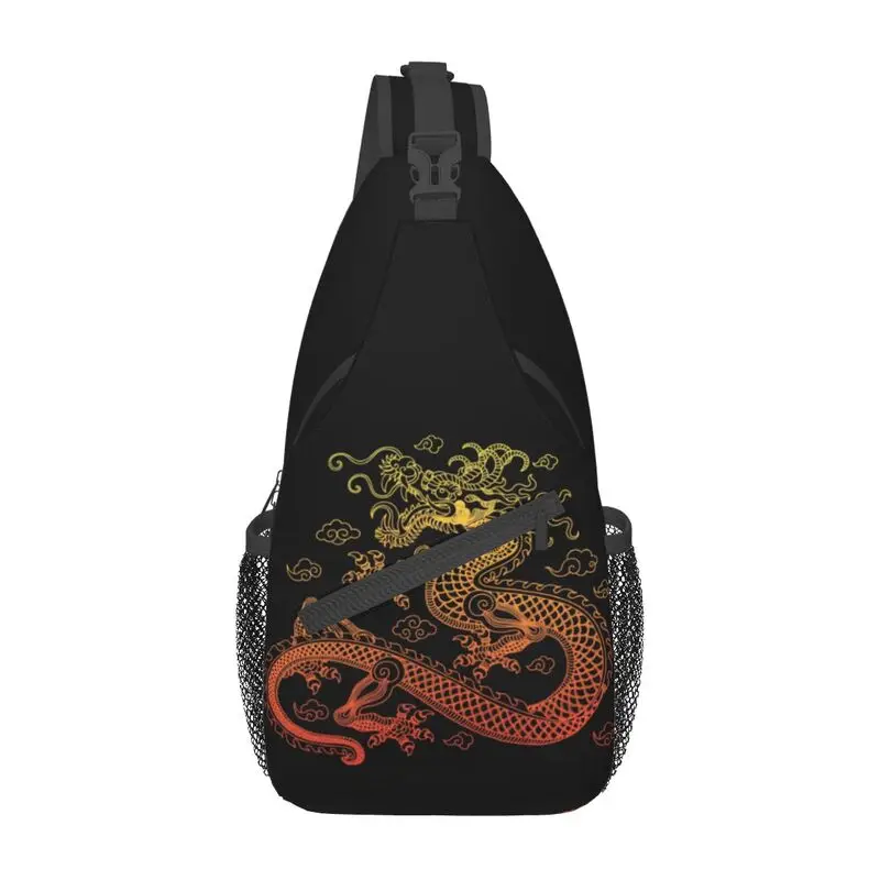 Asian Style Golden Chinese Dragon Sling Crossbody Backpack Men Folklore Mythology Shoulder Chest Bag for Traveling Daypack