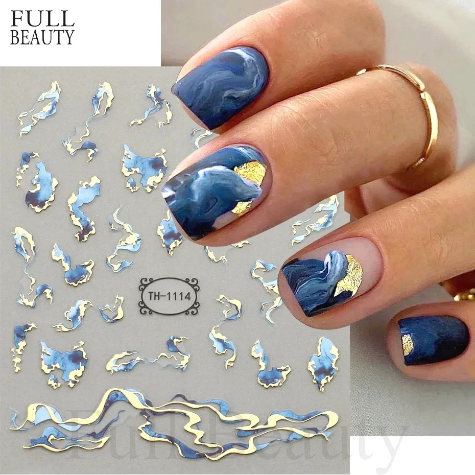 Autocollant pour ongles ligne ondulée dorée 3D, marbre bleu, géométrie, fleurs abstraites, curseur pour Nail Art, feuilles de décalcomanies, décorations de manucure CHTH