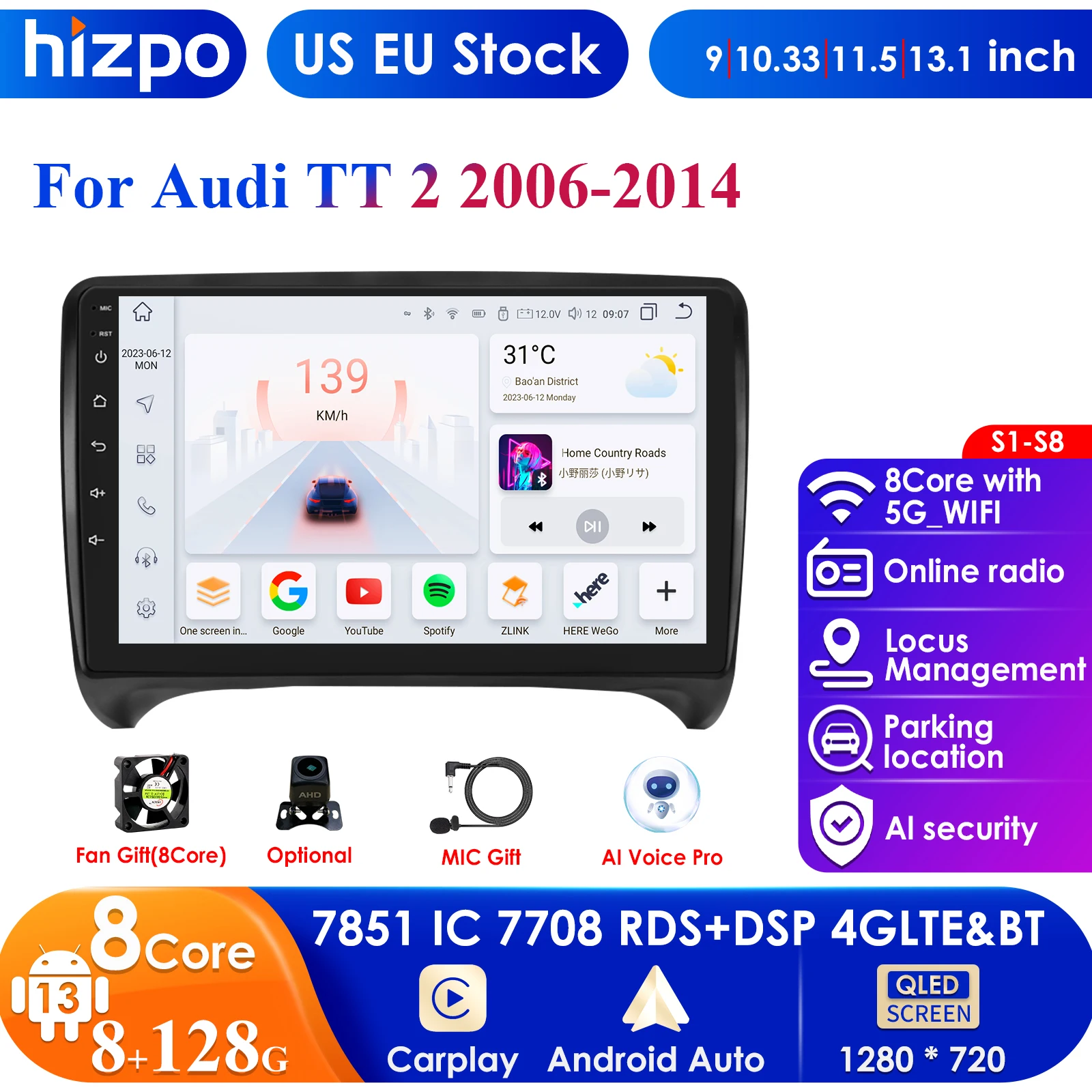 

Hizpo 4G 9'' 10.33'' AI Intelligent Systems CarPlay Android Auto Radio for Audi TT MK2 8J 2006-2014 Car Multimedia GPS 2din DSP