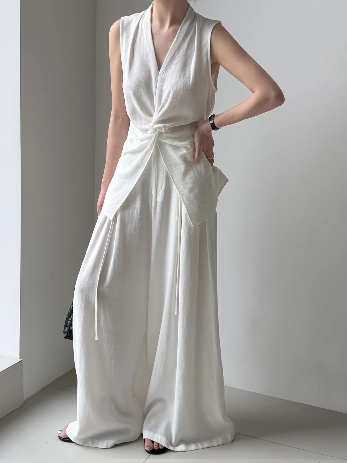 2026 Women V-Neck Sleeveless Blouses With High Waist Pants Two Pieces Sets Summer Suits Ladies Outfits