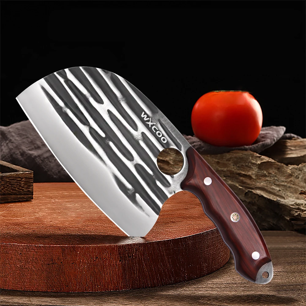 WXCOO Stainless Steel Kitchen Knife Unique Wooden Handle Meat Cleaver Forged Chinese Slicing Knife Gift with Kitchen Peeler view 3