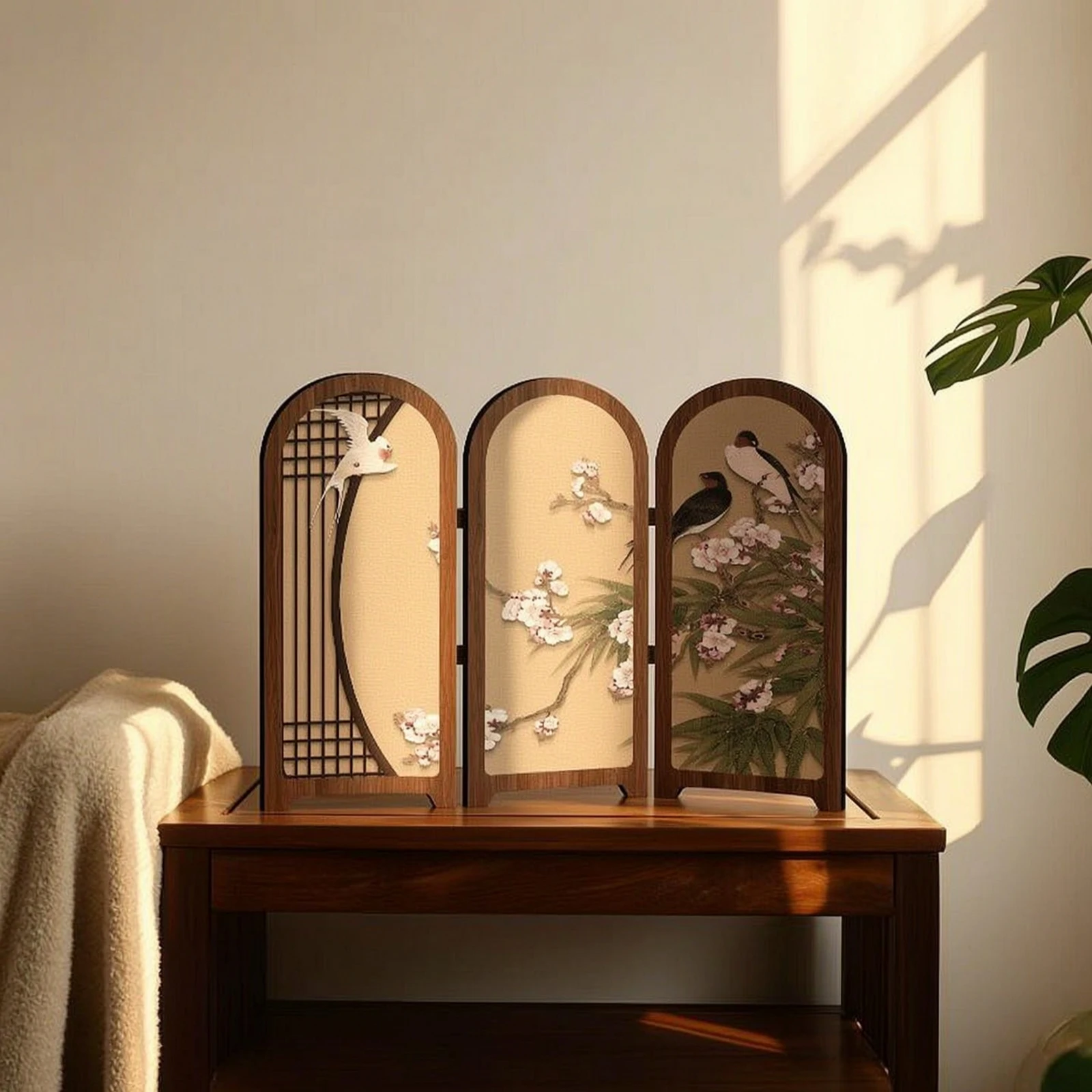 Desktop Folding Screen Chinese Style Mini Folding Screen with Base Decor Floral-and-Bird-Bird Traditional for Homeowners, Desk